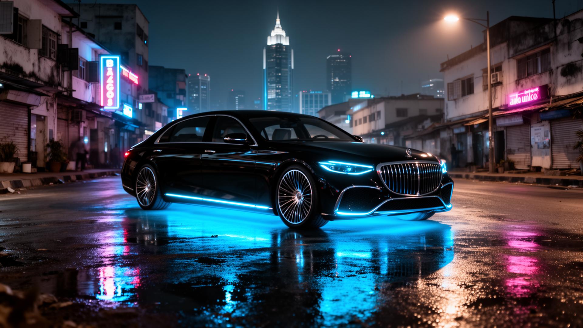 Luxury sedan parked in Lagos at night with neon city lights